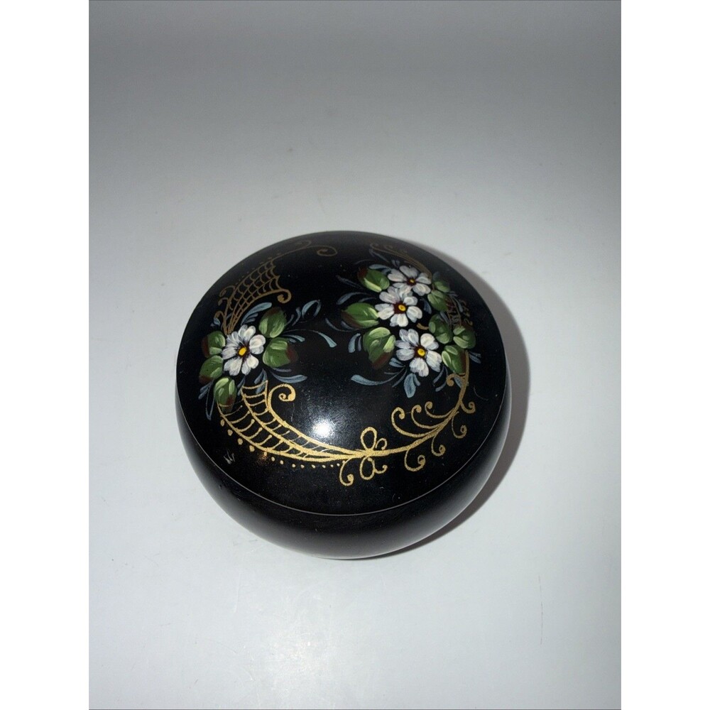 Vintage Russian Hand Painted Floral Black Lacquer Round Metal Trinket Box